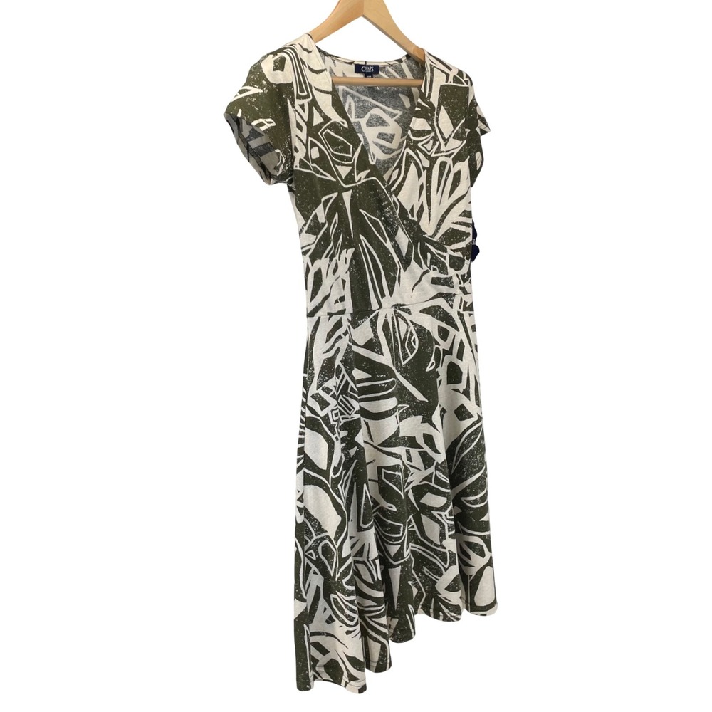 Chaps Womens Olive Green White Tropical Palm Leaf Faux Wrap A-Line Dress Size M - Picture 4 of 16
